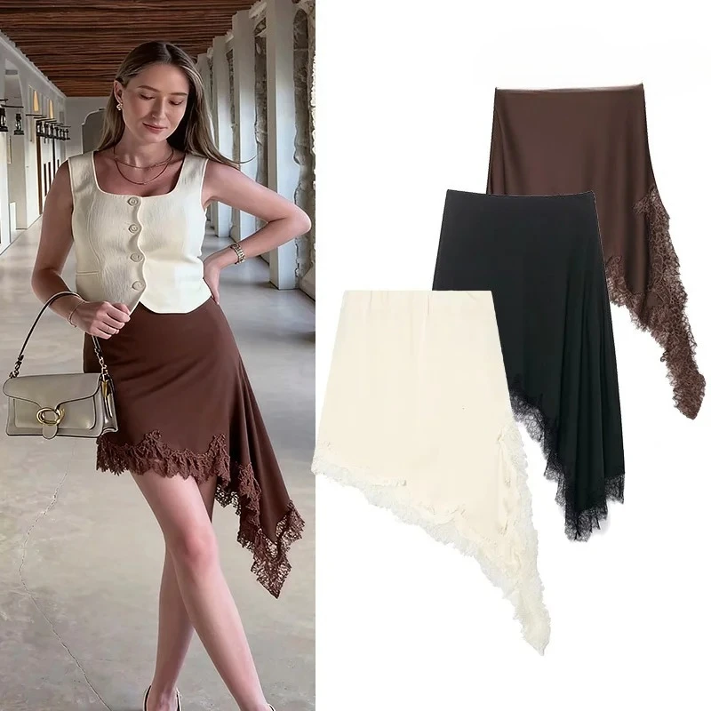 여성 비대칭 레이스 미디 스커트 인심 지퍼 하이웨이스트 봄 여름 캐주얼 휴가 스커트 ﻿ 여자