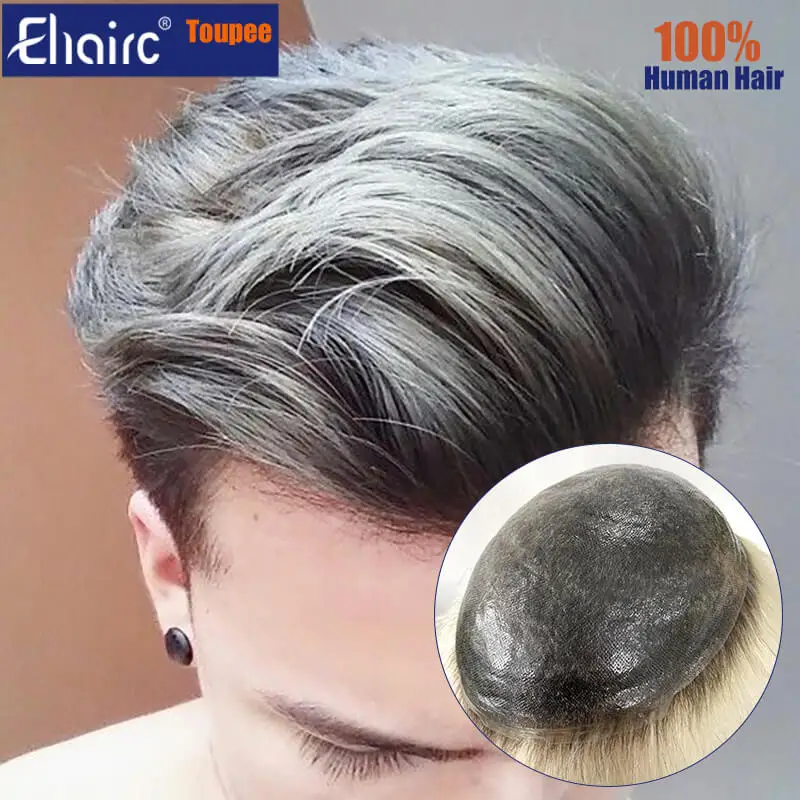 Ombre Microskin Male Hair Prosthesis 0.08MM Double Knotted Men's Capillary Prothesis Toupee Men Wigs For Man 100% Human Hair