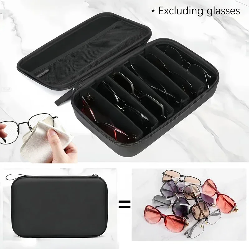 7 Slots Adjustable Glasse Storage Box with Cleaning Cloth,Portable Eyewear Organizer Travel Case,Sunglasses Holder for Men Women