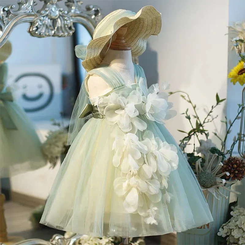 2026 Summer New Girls Dress Petal Applique Bow Mesh Princess Dress For 2 3 4 5 6 8 10 Years Girls Party Evening Costumes