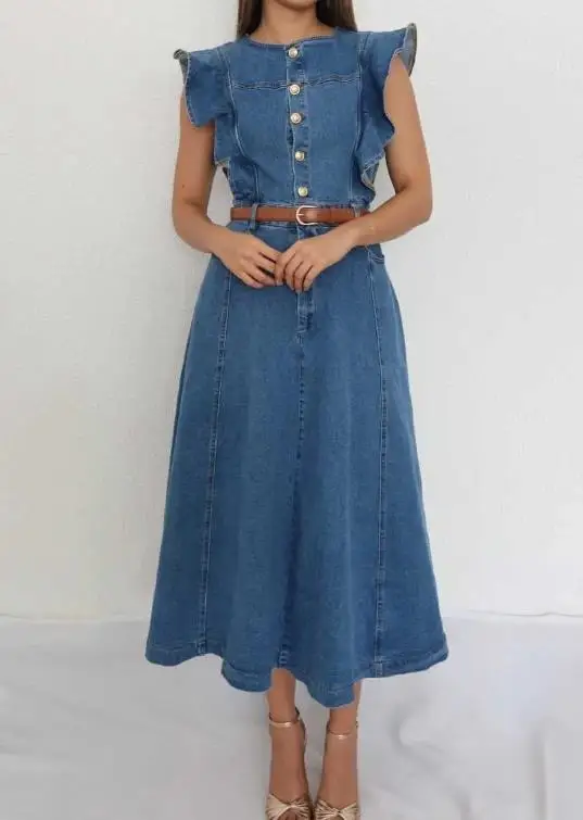 

Womens Dresses 2025 Spring Autumn New Solid Color Round Neck Sleeveless Waist Cinched Button Long Denim Dress Without Belt