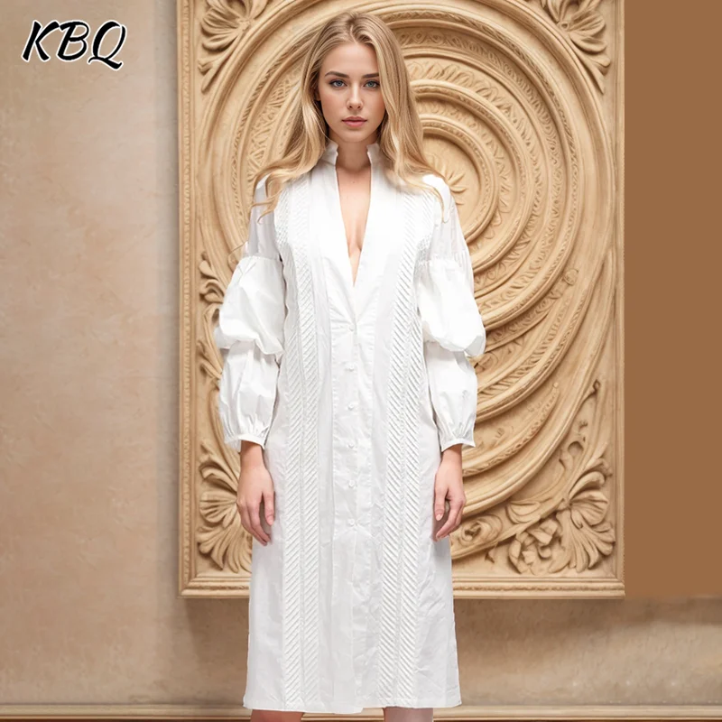 

KBQ Solid Minimalist Loose Long Blouses For Women Stand Collar Puff Sleeve Patchwork Single Breasted Casual Shirts Female New