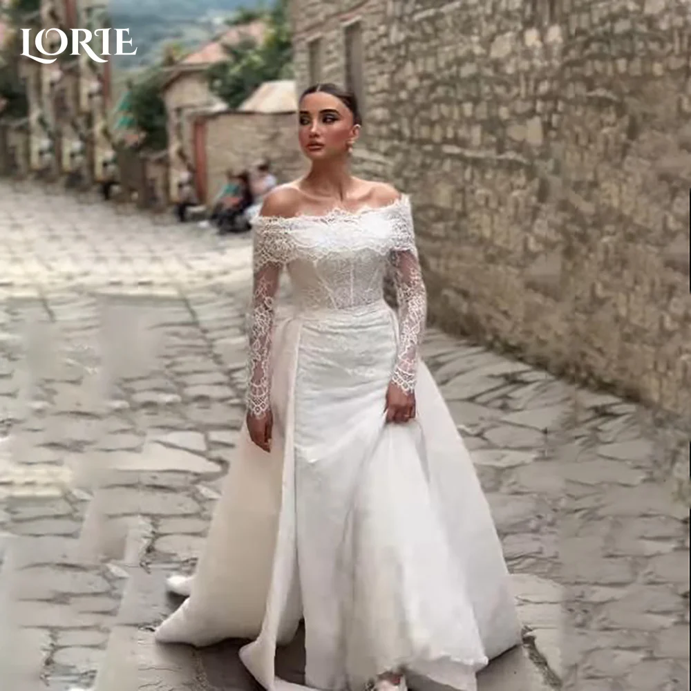 

LORIE Vintage Lace Mermaid Wedding Dresses Pleats 3D Flowers Illsion Bridal Gowns Appliques Long Sleeve Corset Bride Dresses2024