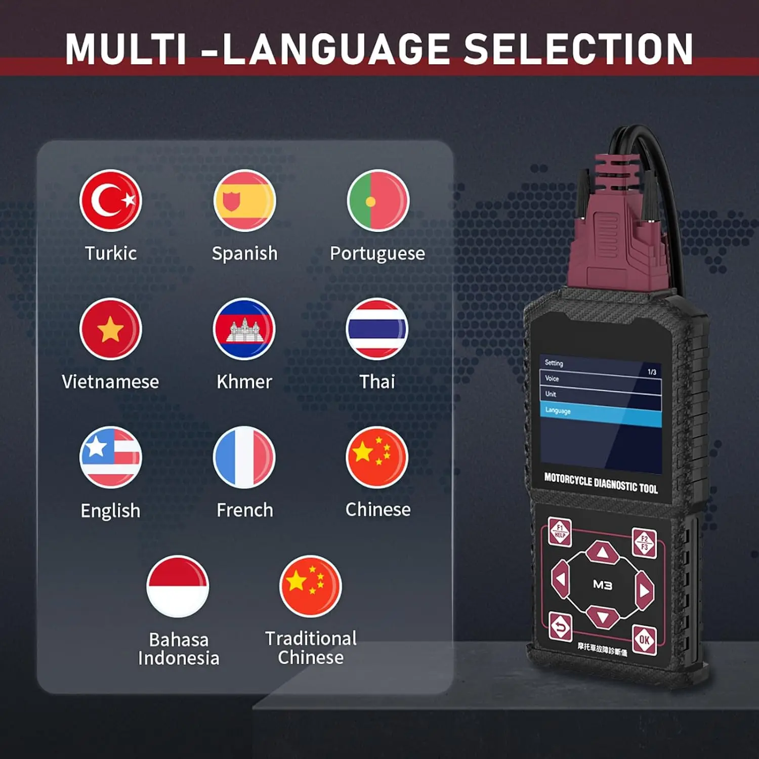 เครื่องมือวินิจฉัยรถจักรยานยนต์ M3-A OBDII 16P, ใช้งานร่วมกับ 2/3/4P และคาวาซากิ 4-6P