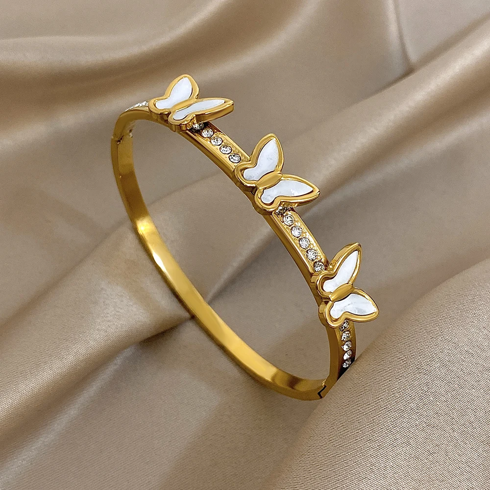 

DODOHAO Elegant Stainless Steel Gold Color Round Open Bangle for Women Simple Waterproof Butterfly Charm Bracelet Jewelry Gift