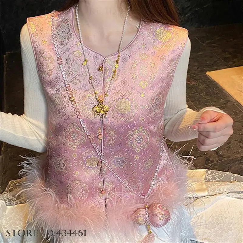 

Новая женская жилетка в китайском стиле: розовый жаккардовый топ-ципао, высококачественная блузка-жакет с перьями и атласом, сексуальная блузка-жакет в стиле Тан