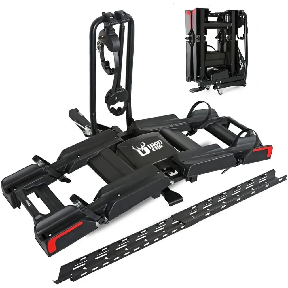 Upgraded 200lbs Capacity Hitch-Mounted E-Bike Rack for 2 Electric Bikes, Foldable, Fits 2 Receivers, Suitable for Tires up to 5