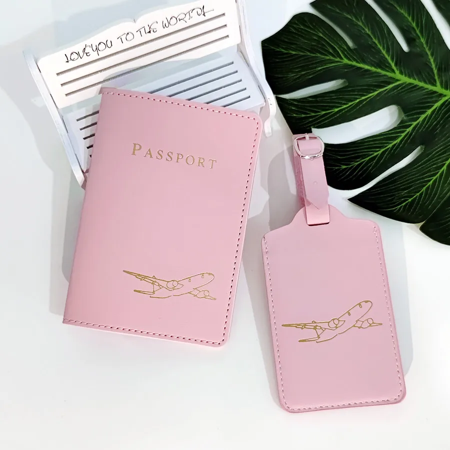 2PCS/Set Aircraft Passport Cover Luggage Tag With Name ID Card Anti-lost PU Leather Lightweight Travel Accessories For Lovers