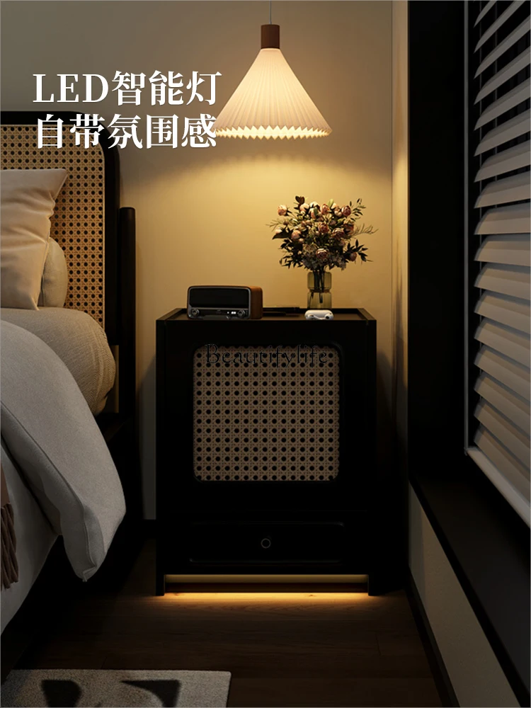 Table de Rangement Intelligente Rétro en Rotin Noir, Meuble Simple, Moderne, Médiéval, Multifonctionnel avec Serrure