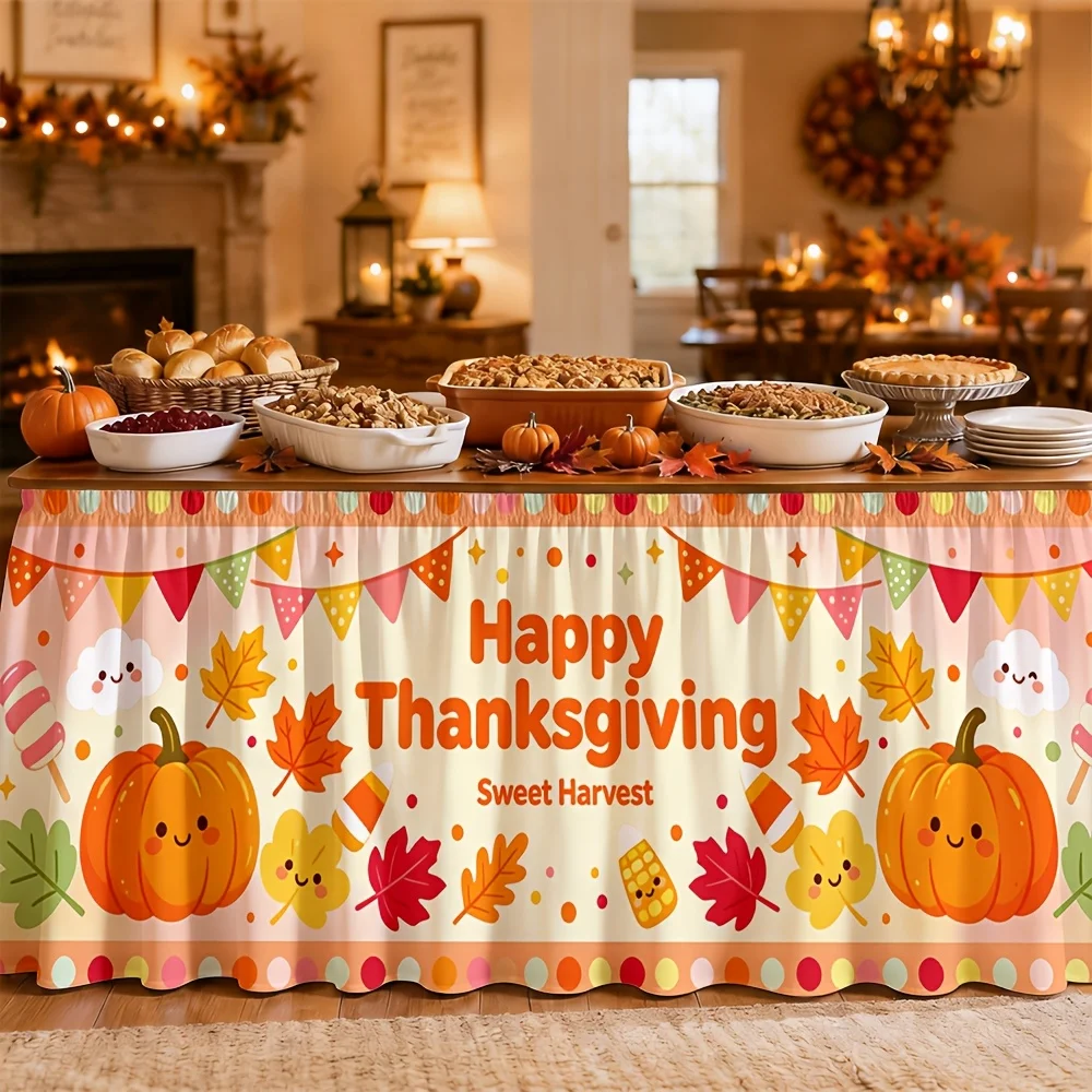 Autumn comfortable and warm, sweet and bountiful dinner table in the kitchen, dining room, buffet, team decoration tablecloth