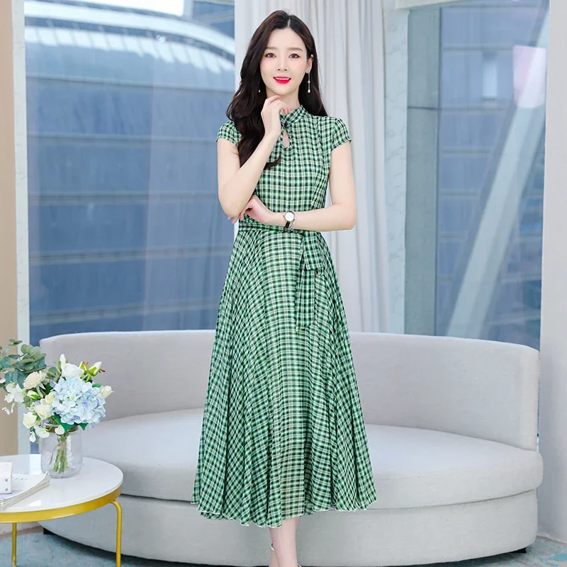 

New Women High Quality Plaid Short Sleeve Maxi Dress 2023 Chinese Retro Fashion Casual Dress Summer Elegant Bodycon Party Dress