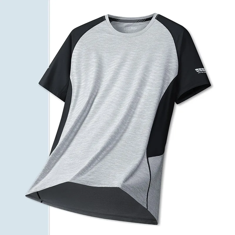 Spliced Color Ice Silk Short Sleeved T-shirt for Men's Summer Round Neck Sports Quick Drying Clothes Outdoor Casual T-shirt