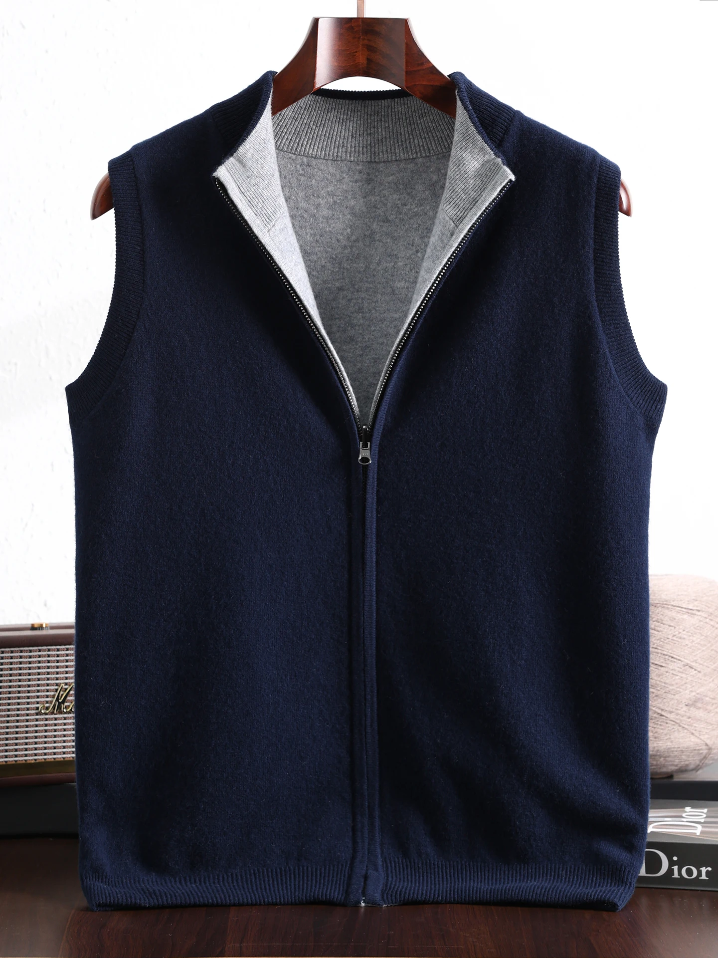 New Smart Casual Men 100% Merino Wool Sweater Vest Autumn Winter Man Knitwear Thick Cardigan Double Sides Cashmere Clothing Tops