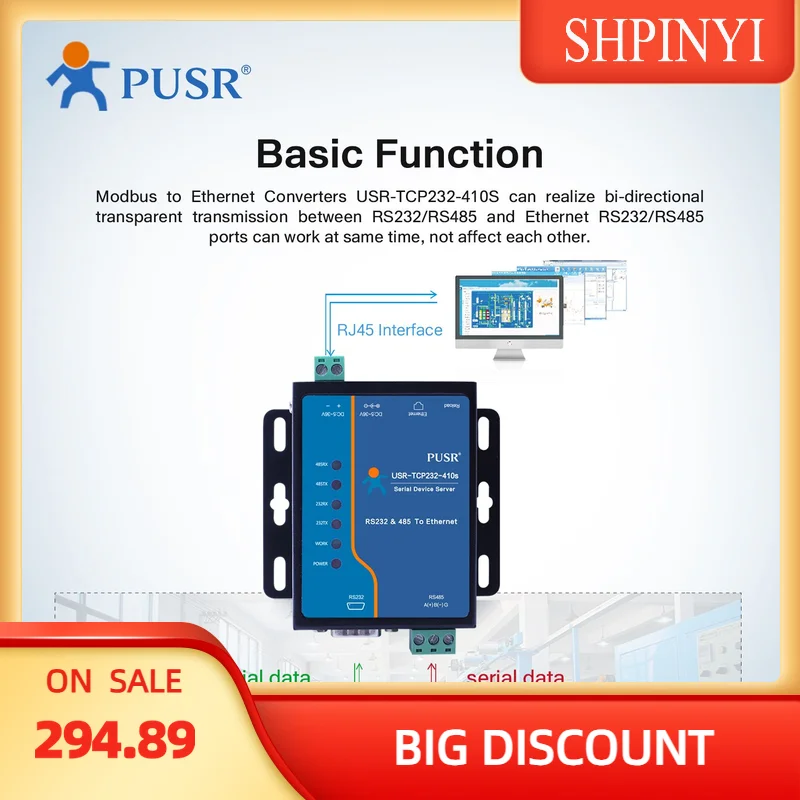 

USR-TCP232-410S-RT Преобразователь последовательных портов RS232 RS485 Modbus Преобразование протокола RTU/TCP Сервер последовательных устройств