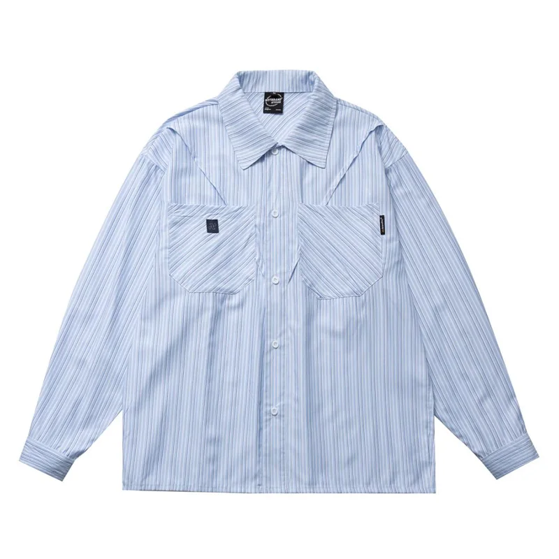 

2025 Spring Men Streetwear Fashion Loose Casual Long Sleeve Blue Stripe Shirt Cityboy Oversize Cargo Shirts Blouses