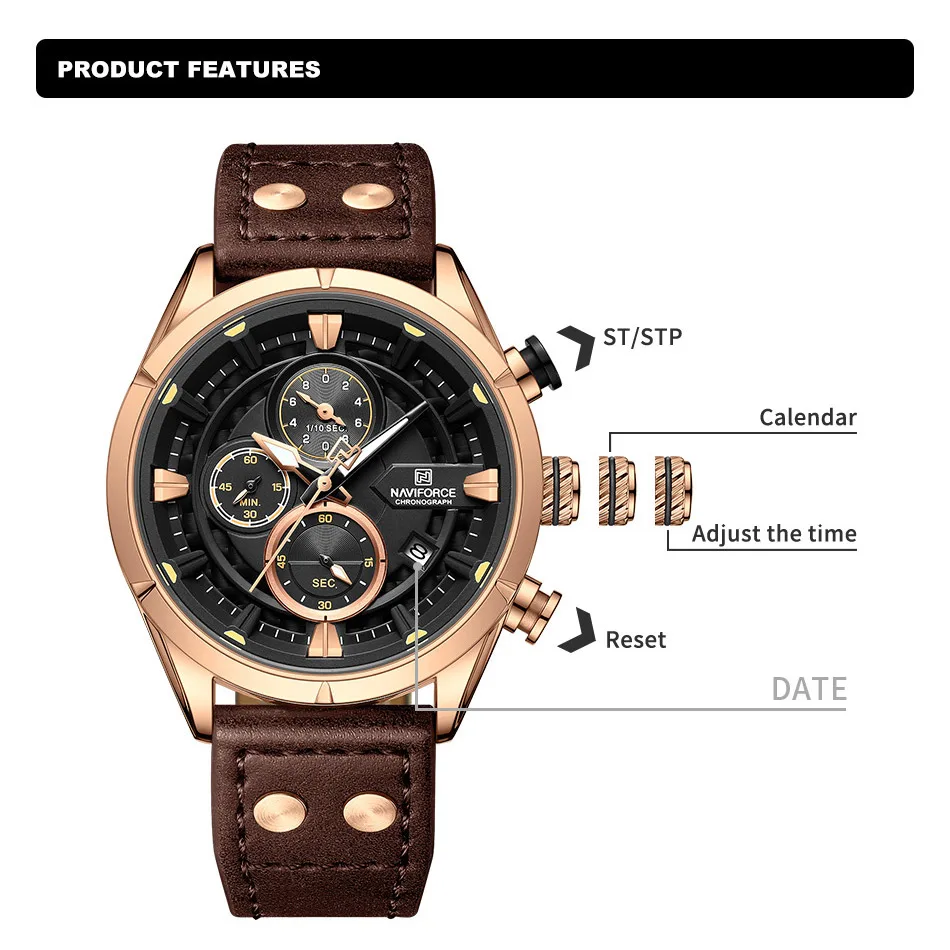 NAVIFORCE Fashion Watches For Men Leather Strap Waterproof Luminous Male Casual Chronograph Quartz Wristwatch Reloj Hombre 2024