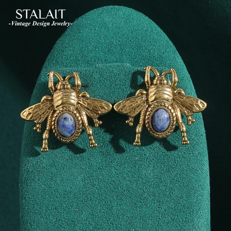 

Винтажные серьги-гвоздики в виде пчелы, золотой цвет, античный фиолетовый овальный камень, роскошные качественные украшения для женщин, дизайнерские аксессуары 2025