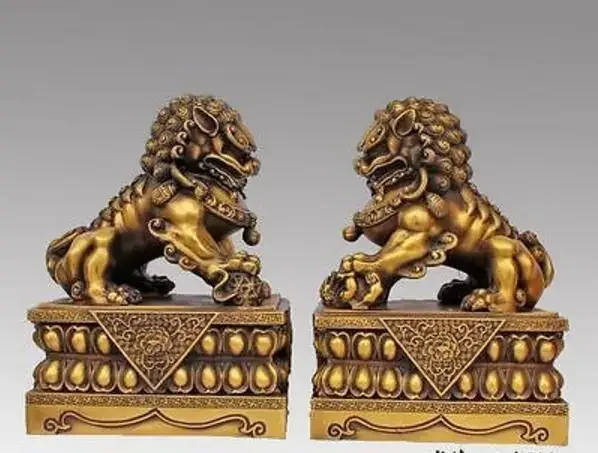 Copper statue Big Large Pair BRASS Chinese Lion Foo Dog Statue Figure Sculpture Black yellow 10