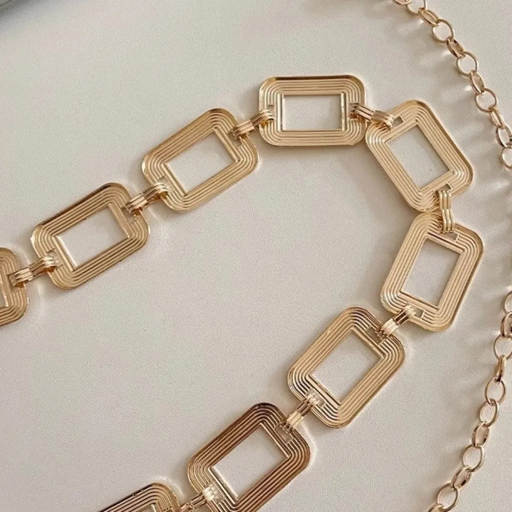 Punk Style Alloy Metal Waist Chain Hollow Rectangular Link Waist Belt Adjustable Round Link Chain Belt Dresses