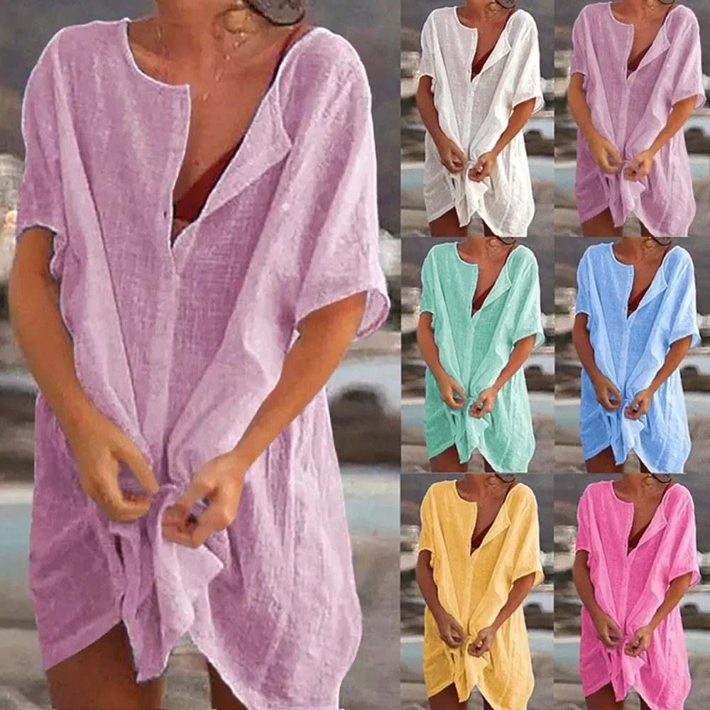 Women Solid Color Short Sleeve Shirt, Multi Color Multi Size Loose Midi Length Blouse, Casual Long Tunic Shirt for Women