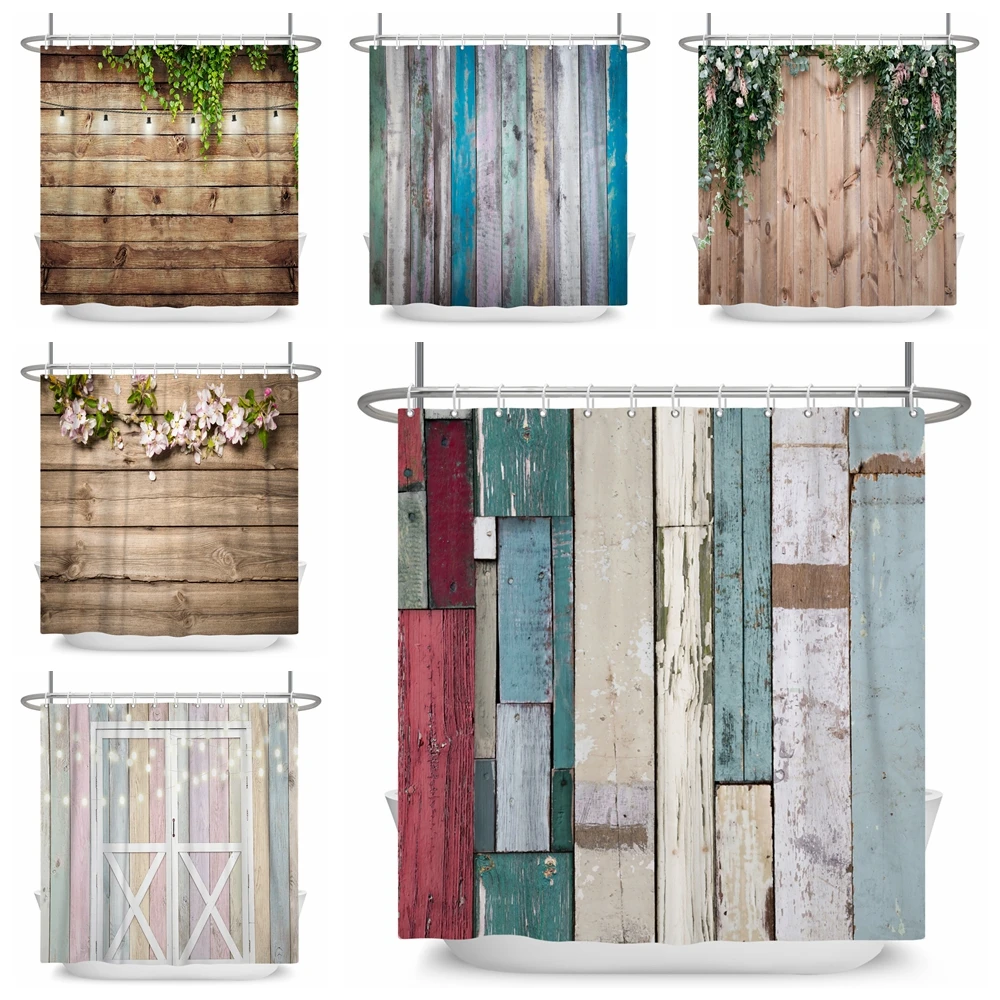 Rustic Grunge Style Wood Panel Plank Fence Shower Curtain Polyester Bathroom Fabric For Home Decor Bathtub Decor With Hooks