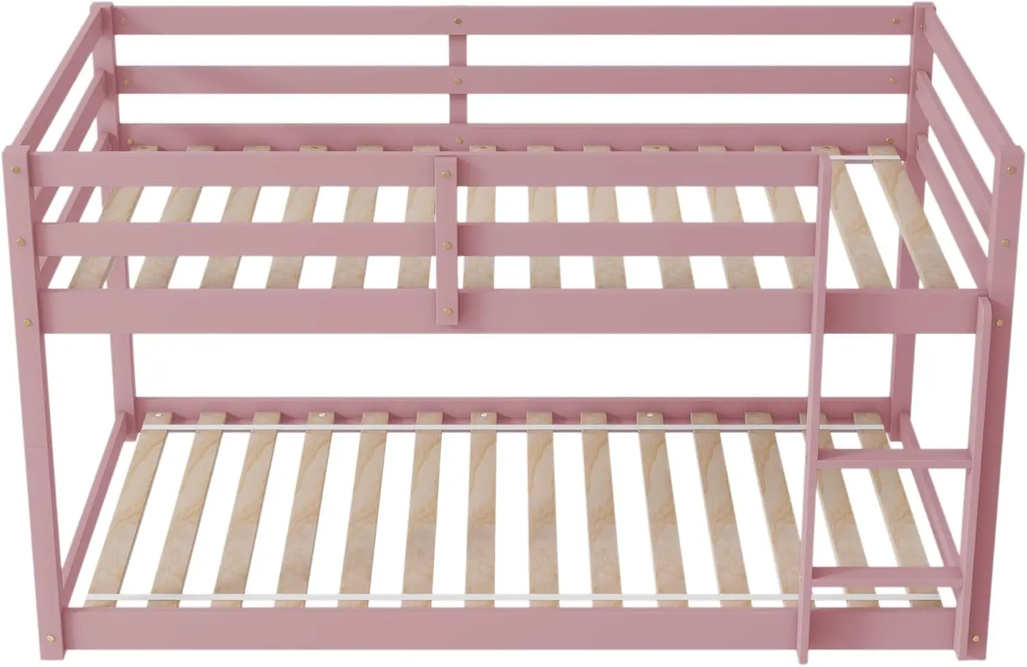 سرير مزدوج بطابقين مع سلم، قضبان حماية أمان، إطار من الخشب الصلب، وردي