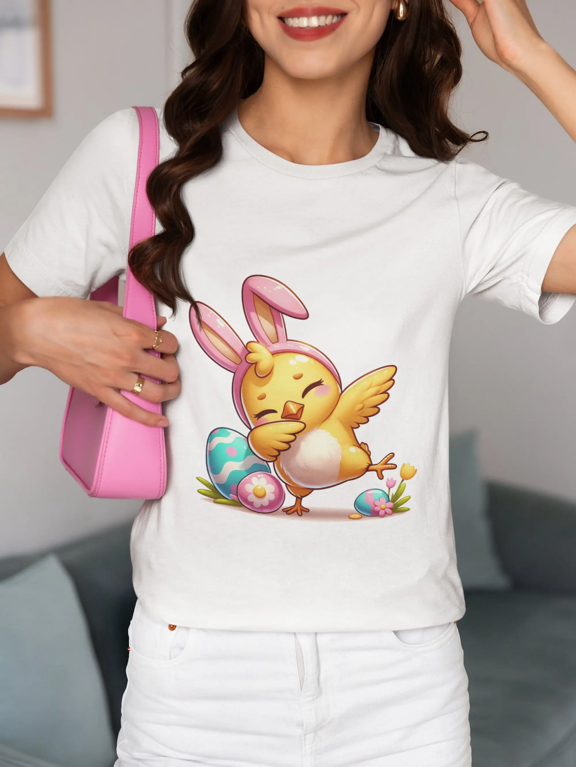 Easter Chick Bunny Ears T Shirt Top Cute Dabbing Chicken with Eggs Celebration Idea Spring Season Fashion