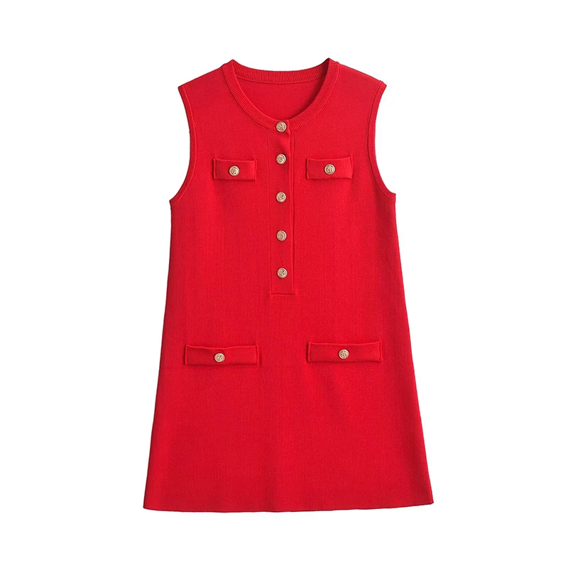 High Street Vrouwen O-Hals Mouwloze Tank Mini Gebreide Jurk Kantoor Vestidos Rode Jurken