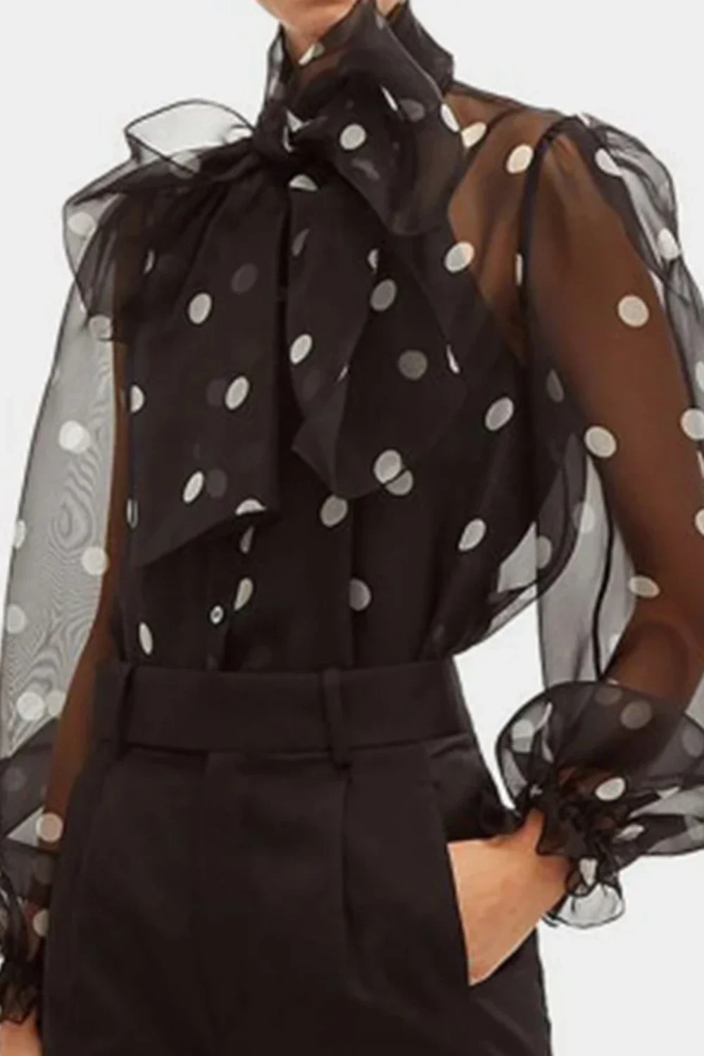 

Elegant Polk Dot Printed Blouse Bow Neck Puff Sleeve Sheer Mesh See Through Vintage Office Lady Shirts for Women Autumn Tops