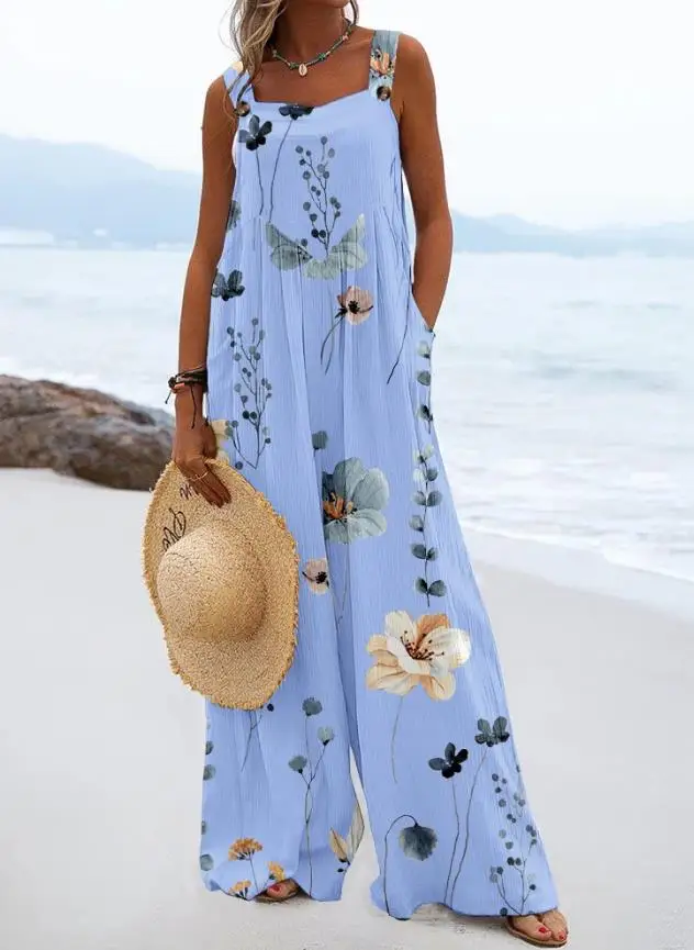 

2024 Women's Beach Resort Printed Wide Leg Sling Loose jumpsuit