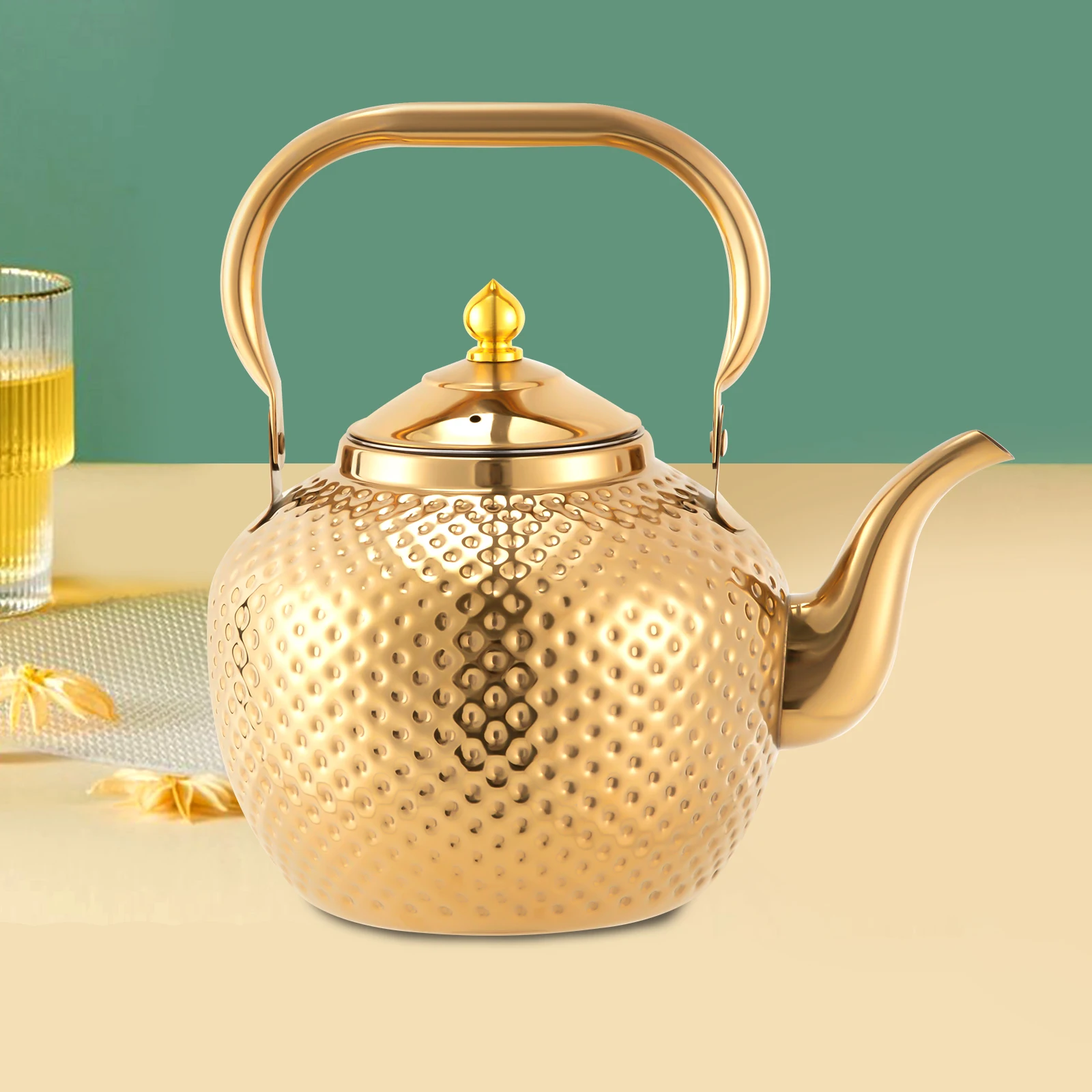 Bouilloire sphérique martelée 2L, bouilloire à thé en acier inoxydable doré avec infuseur à thé, cuisinière à gaz Compatible, pour Restaurant de Camping à domicile
