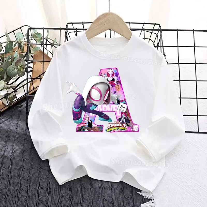 

Spiderman Kids Girl Long Sleeve T-Shirt Letters A-Z Gwen Cartoon Movie Print Childern Tees O-Neck Thin Tops Toddler Clothing New