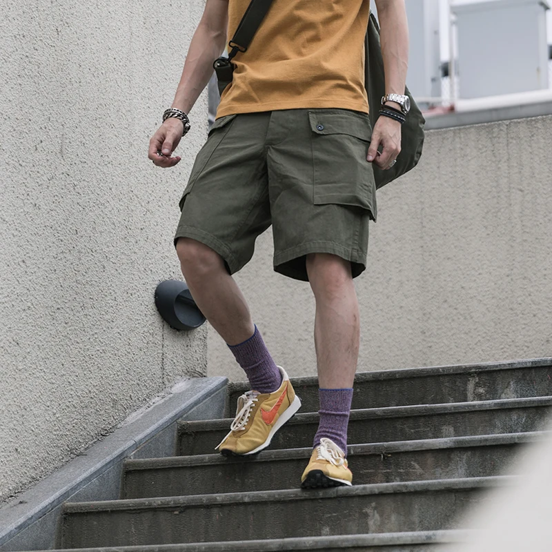 شورت قطني طويل متعرج جديد مع جيوب متعددة شورت أخضر جيشي للرجال #3