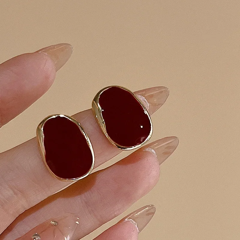 Wine Red Color Bean Irregular Geometry Stud Earring for Women Korean Style Jewelry Brincos Wedding Girl Gift