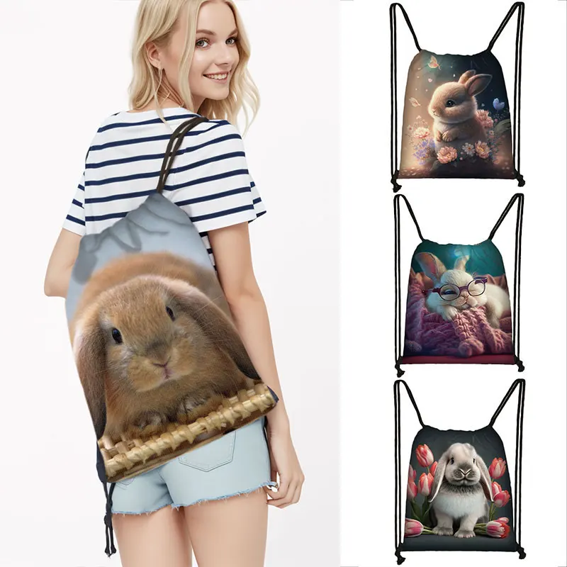 Cute Little Furry Rabbit Print Backpack Women Drawstring Bags Casual For Teenager Storage Bag Travel Outdoor Bookbags Gift