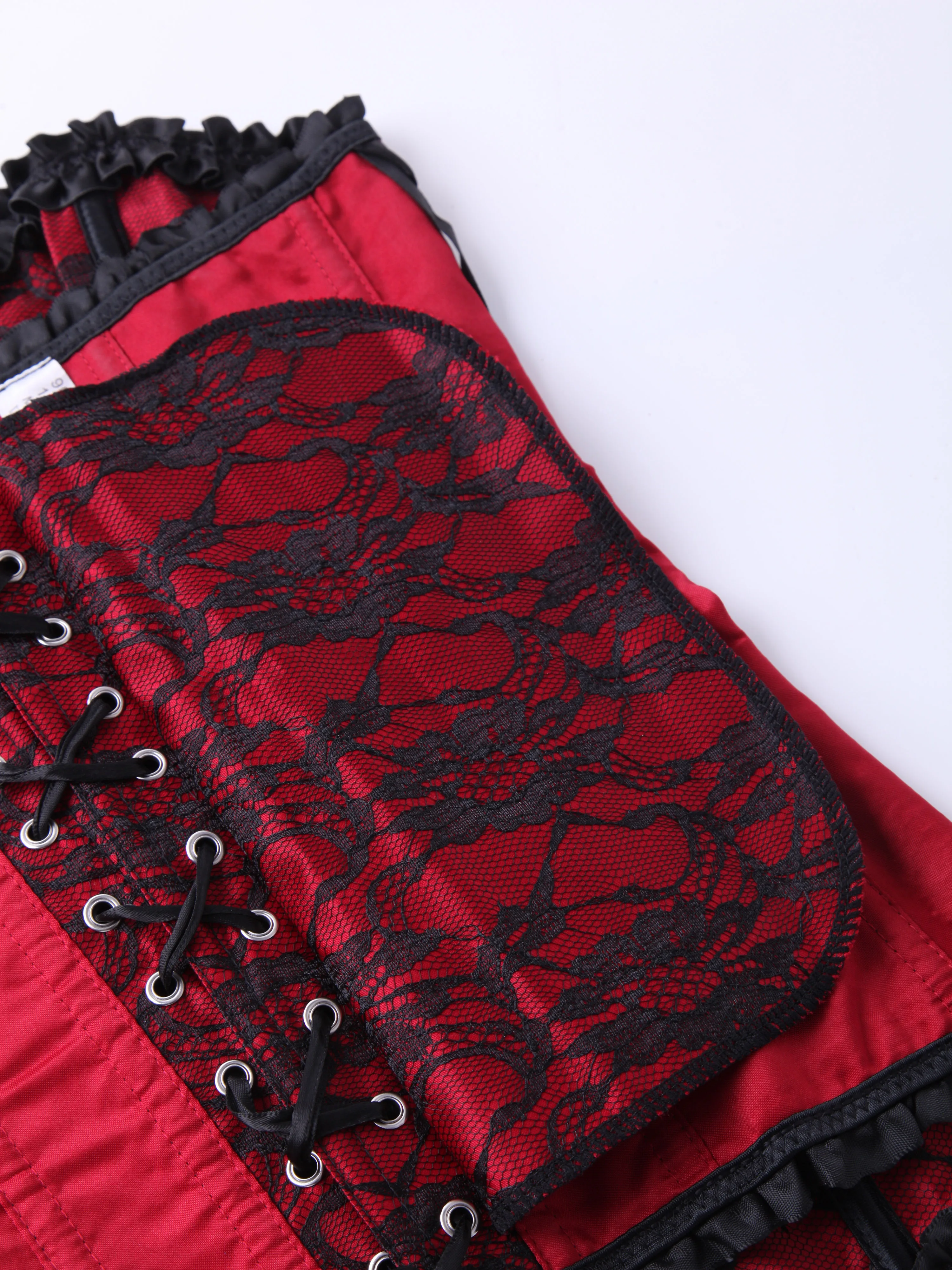 Women's Red Base Black Lace Corset Strapless Sweetheart Front Hook Back Satin Lace Up - view 6
