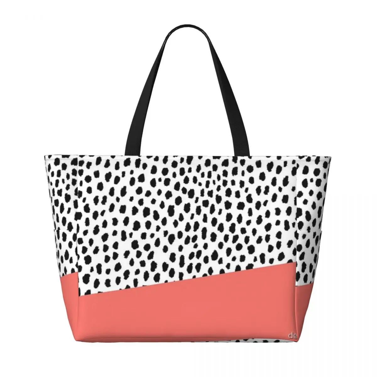 Dalmatian Spots With Coral Stripe Beach Travel Bag, Tote Bag Trendy Large Capacity Out Shoulder Bag Multi-Style Pattern