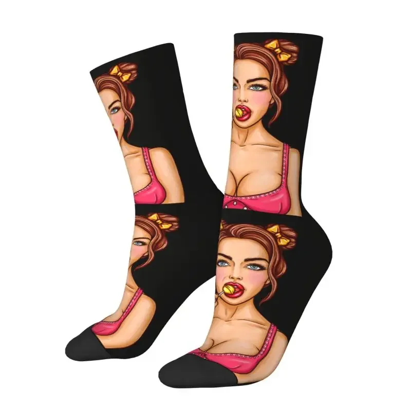 Pop Art Pin Up Sexy Girl Sucks Lollipop Men's Crew Socks Unisex Kawaii 3D Printed Fashion Cartoon Lady Dress Socks