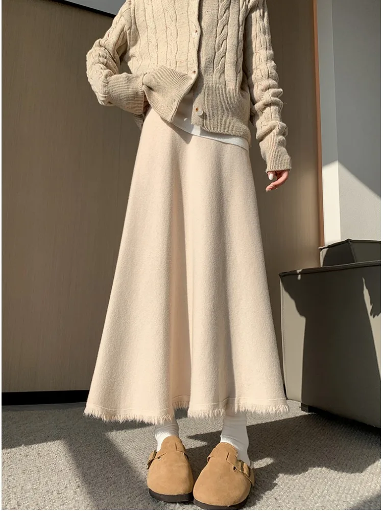 Gestrickter f-Länge-Rock für Damen, Herbst und Winter, kleine Größe, drapiert, großer A-Linien-Rock, hohe Taille, Midi-Länge, Wollmischung, lässig