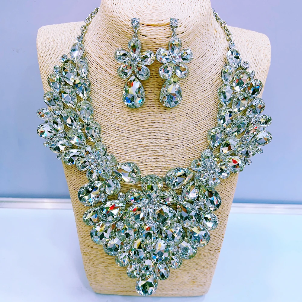 Ladies Dubai 24k Gold Plated colored Rhinestone Long Necklace Set Bridal Banquet Wedding Big Jewelry Set Accessories