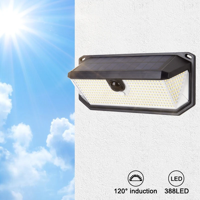 388LED Solar Wall Lamp Outdoor Street Light With Human Motion Sensor and 3 Working Modes IP66 Waterproof Courtyard Garden Road