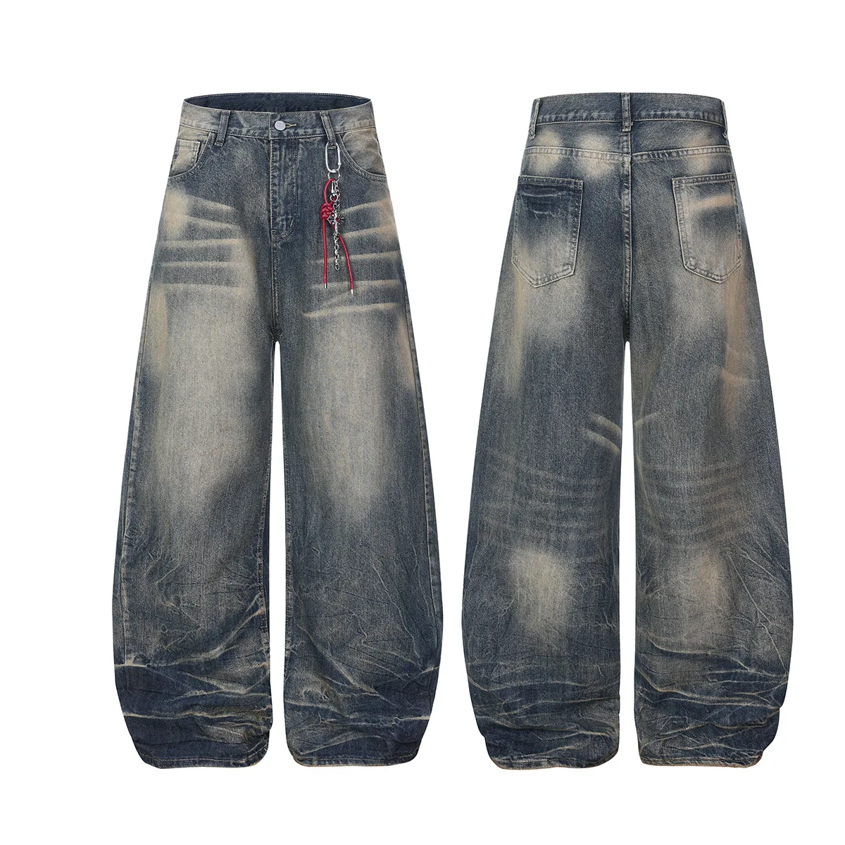 MWJLPWQ 2026 New American High Street RO Style Washed Workwear Personalized Scythe Jeans Autumn Loose Wide-Leg Trousers 17471