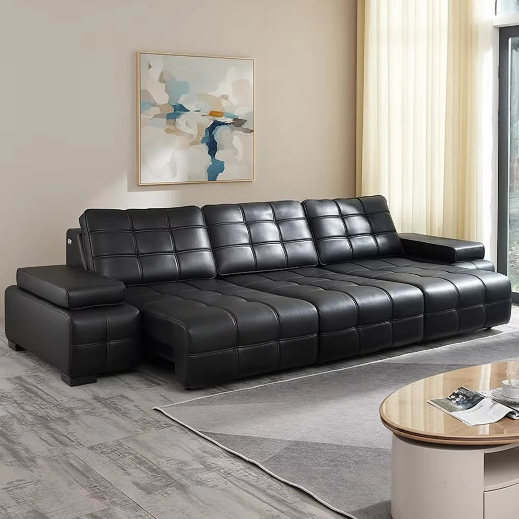

#Modern Smart Home Electric Black Extendable Sofa Bed Leather Sofa Set High Back Large Sitting Deep Function Retractable Sofa