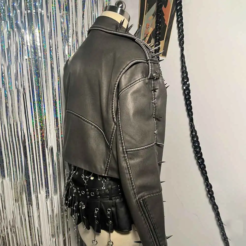 Grunge Cyber Chain Harajuku E-Girls Emo Trendy Coat Spike Studded Rivet Goth Vintage Y2K PU Leather Jacket Punk Rock Gothic