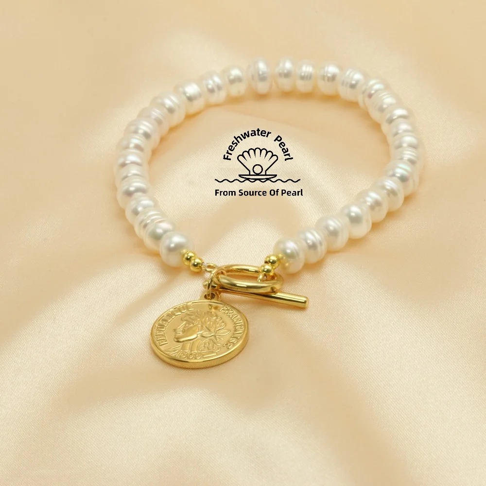 Vintage Baroque Freshwater Pearl Bracelet with Fashion Metal Portrait Coin Pendant Unique OT Clasp Light Luxury Trendy Accessory