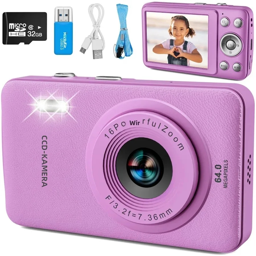 1080P Full HD 2,4-Zoll Tragbare Digitalkamera - 48MP Autofokus-Fotokamera mit 32GB Speicherkarte, 16-fach Zoom, USB-C Aufladbar, Kompakte Reisekamera für Anfänger - Preisgünstige Vlogging-Kamera mit