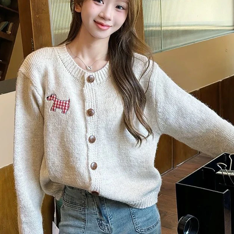 High Quality Puppy Patch Candy Colored Sweet Cardigan Knitted Sweater Soft 2024 Autumn New Streetwear Loose SweaterJacket