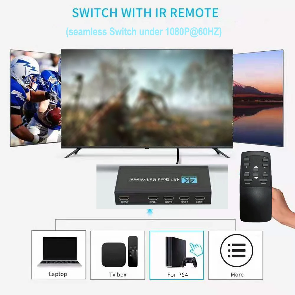 HDMI-Compatible Multiviewer Switch Quad Seamless Switcher 4 In 1 Out Support 4K 30Hz View Modes For PS4 Camera PC To TV Monitor