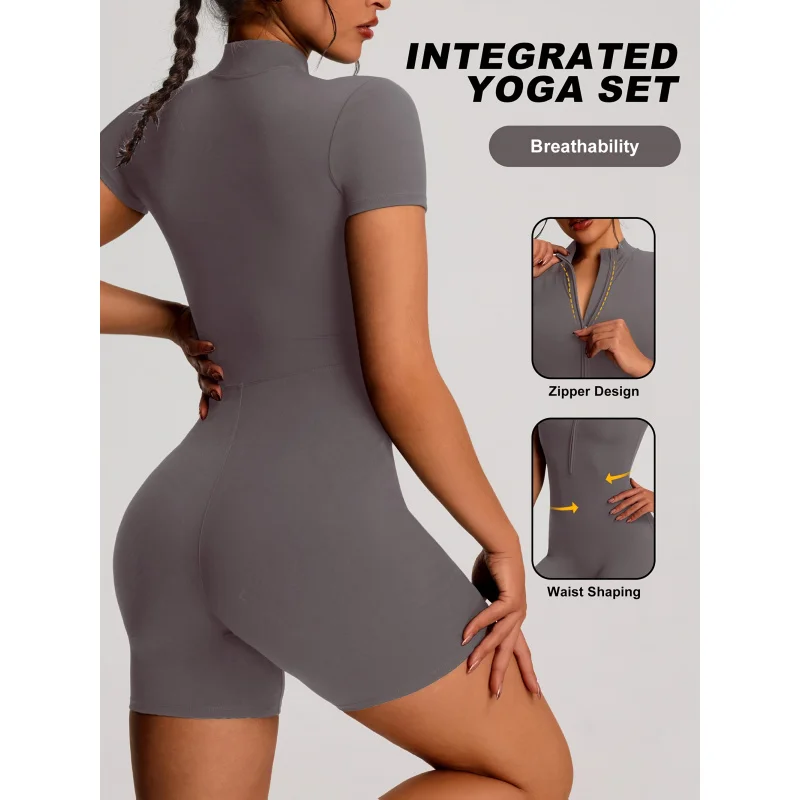 developed 1pc Solid Color Women's Sport Zip-up Stand-up Collar Casual Bodysuit Jumpsuit, Short Sleeves, Zipper Design