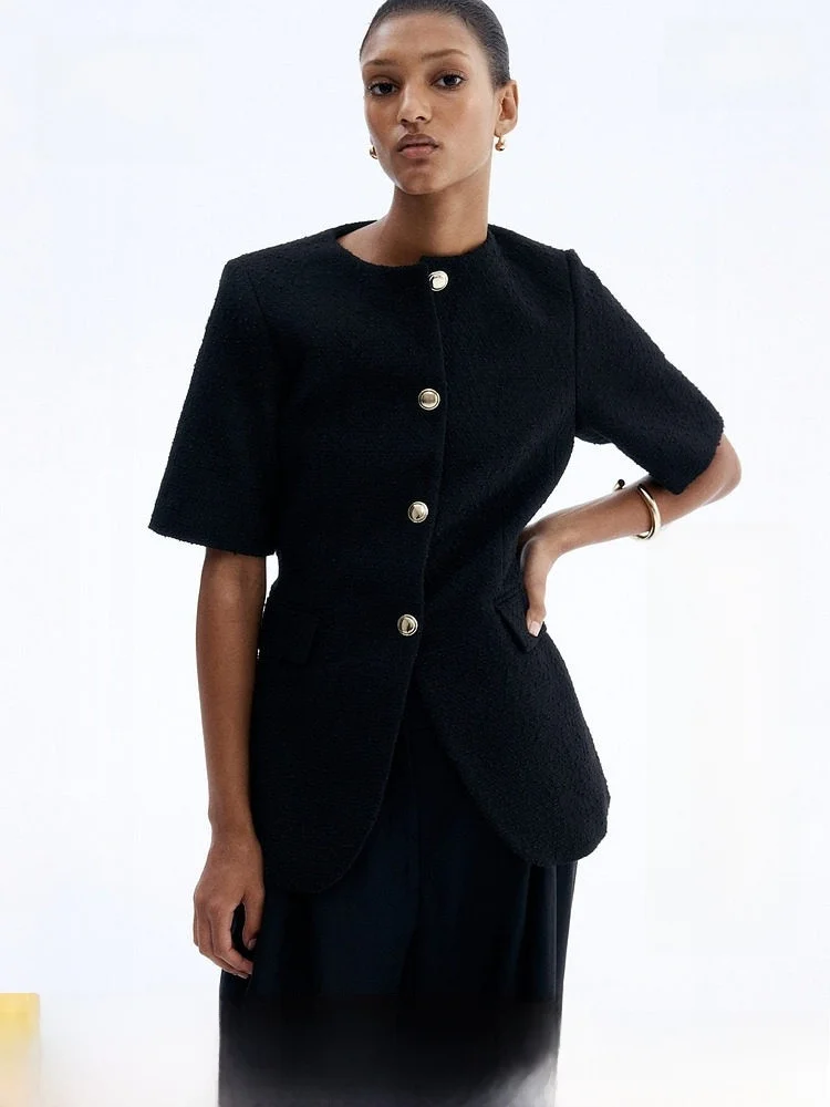 

H&M Women's Fashionable Velvet round Neck Single Button Suit Casual Style Commute Interview Work Short Sleeve Regular Length